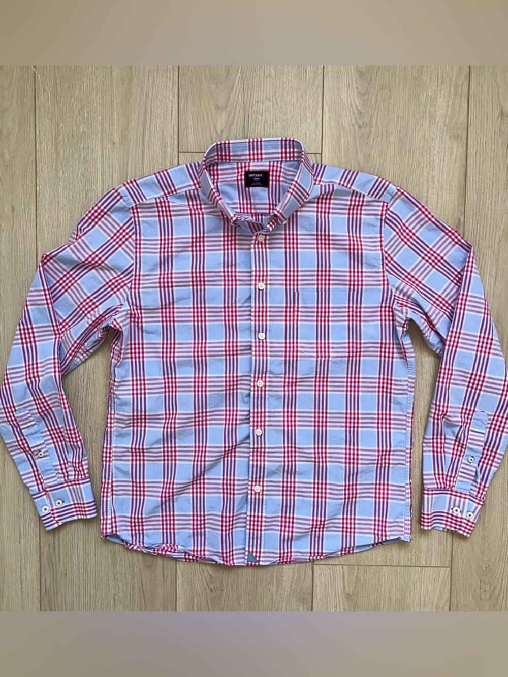 $115 Retail- UNTUCKit Men's Light Blue & Pink Plaid Button-Down Shirt